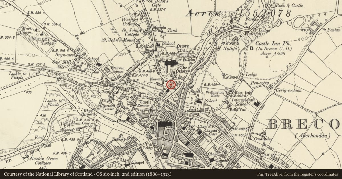 Ordnance Survey six-inch map, 2nd edition (1888–1913) covering the location of Garden Wall in the Postern to Priory Hill House, Brecon, Powys, with a pin at the register's coordinates