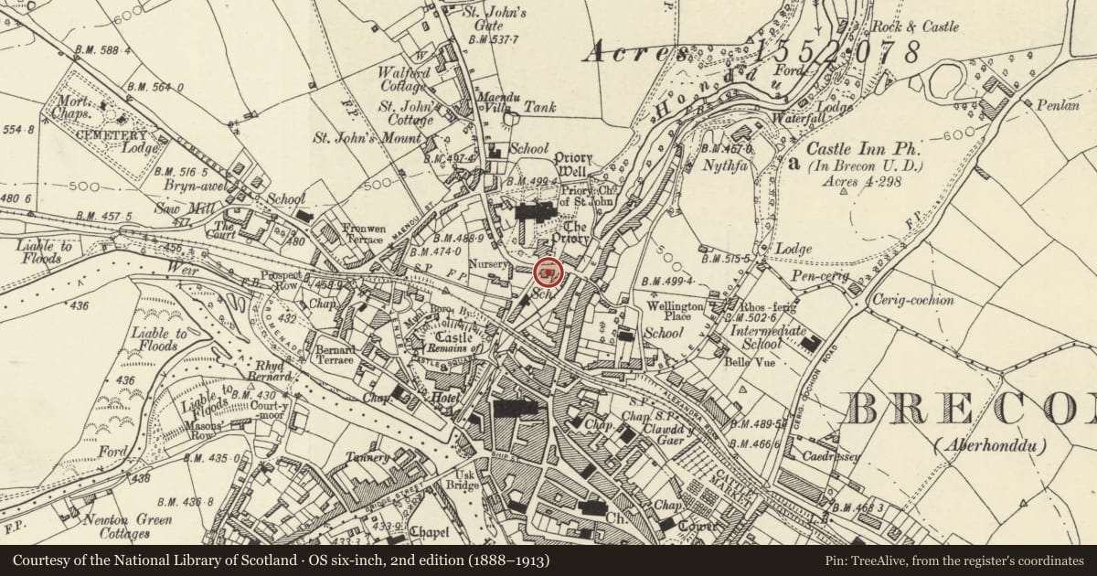 Ordnance Survey six-inch map, 2nd edition (1888–1913) covering the location of Priory Hill House, including Railings & Service Wing at West End, Brecon, Powys, with a pin at the register's coordinates