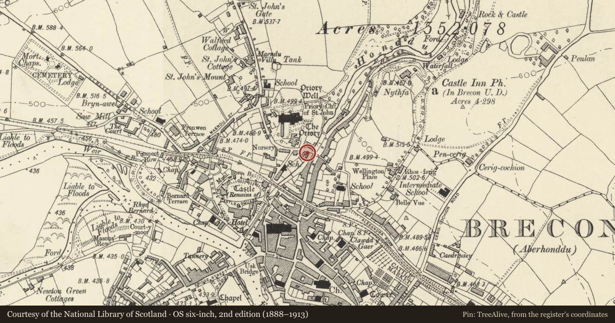 Ordnance Survey six-inch map, 2nd edition (1888–1913) covering the location of No.10 Priory Hill, including Forecourt Walls and Railings, Brecon, Powys, with a pin at the register's coordinates