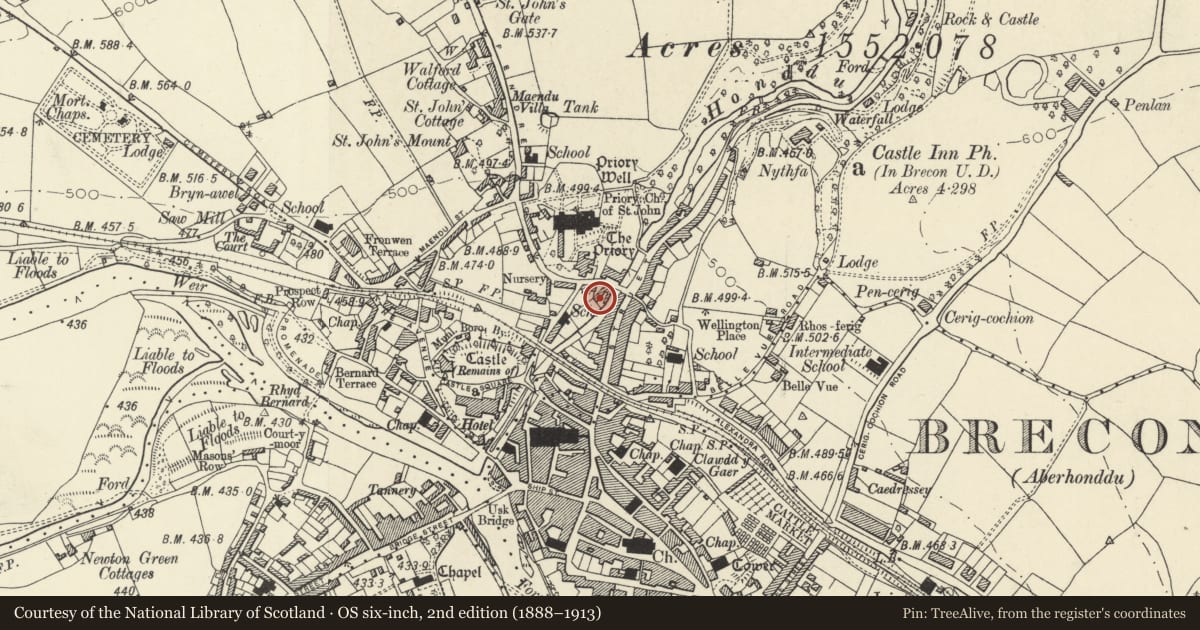 Ordnance Survey six-inch map, 2nd edition (1888–1913) covering the location of 13 Priory Hill, Brecon, Powys, with a pin at the register's coordinates
