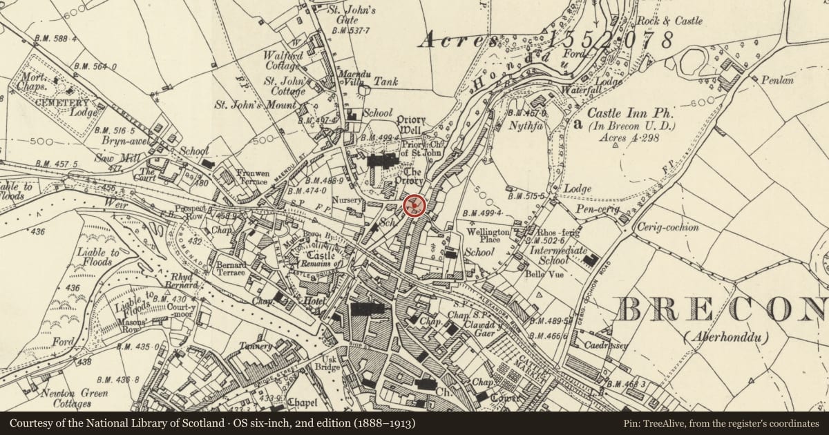 Ordnance Survey six-inch map, 2nd edition (1888–1913) covering the location of Priory Bridge, Brecon, Powys, with a pin at the register's coordinates