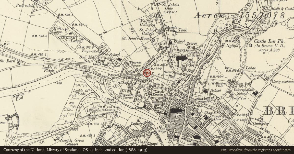 Ordnance Survey six-inch map, 2nd edition (1888–1913) covering the location of 1 Dainter Place, Brecon, Powys, with a pin at the register's coordinates