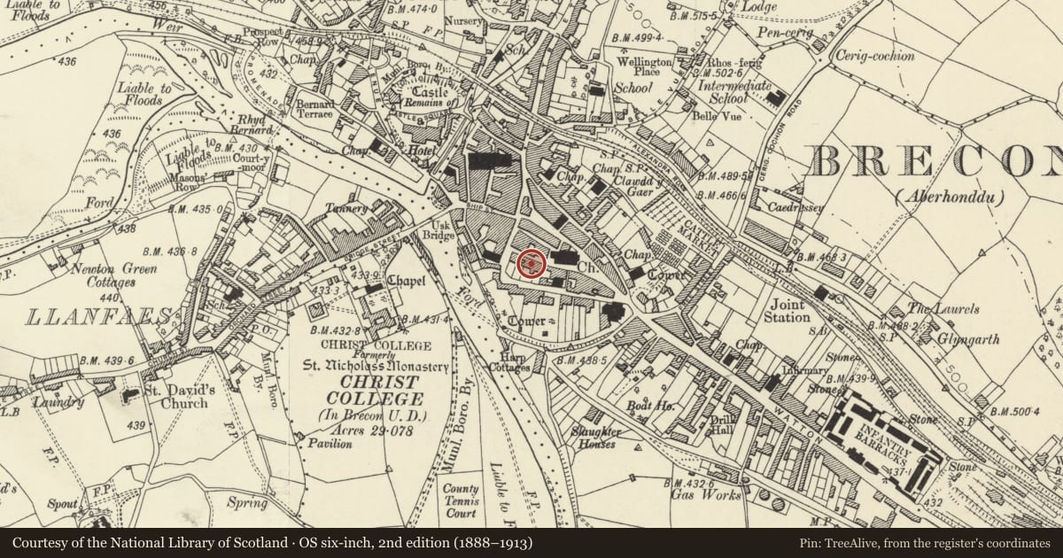 Ordnance Survey six-inch map, 2nd edition (1888–1913) covering the location of The Old Post Office, Brecon, Powys, with a pin at the register's coordinates