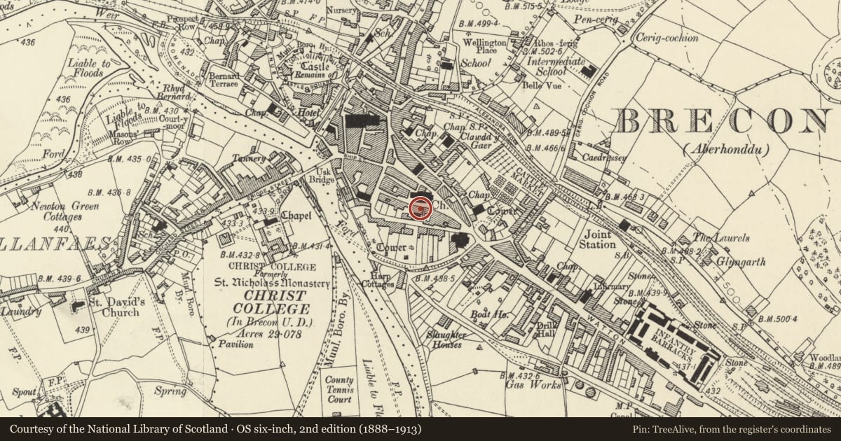 Ordnance Survey six-inch map, 2nd edition (1888–1913) covering the location of 5 St Mary Street, Brecon, Powys, with a pin at the register's coordinates