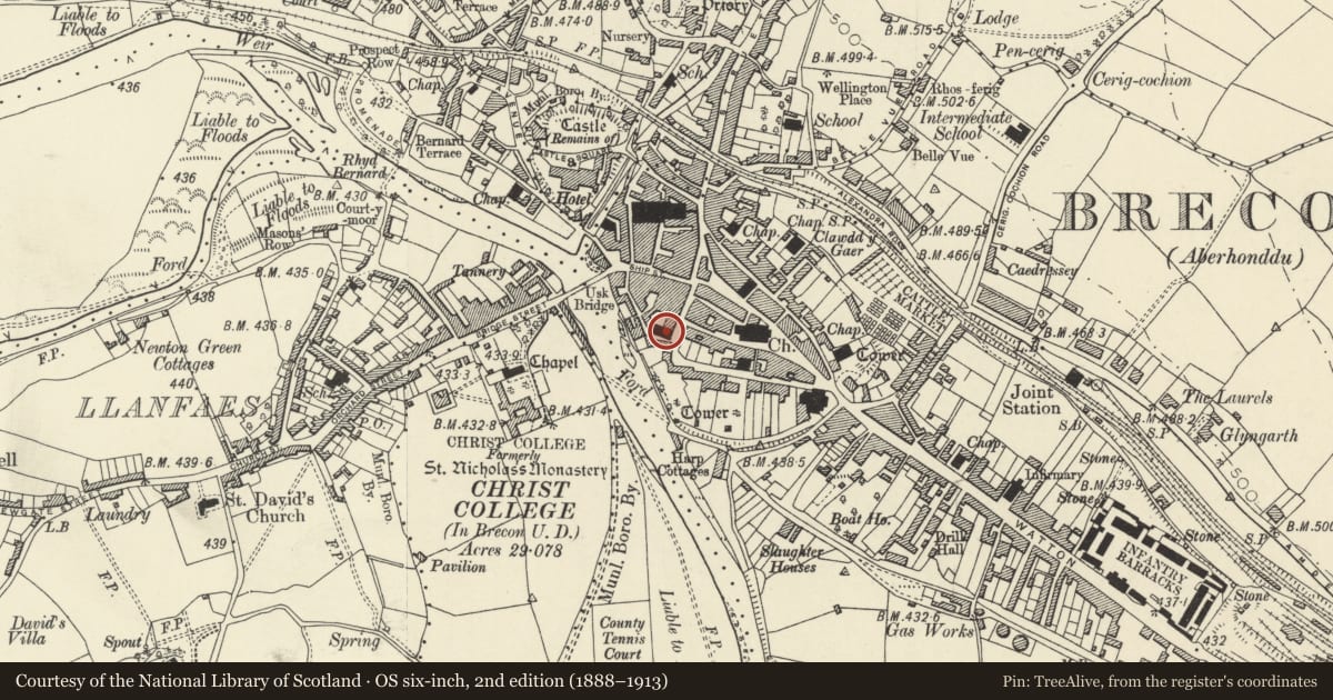 Ordnance Survey six-inch map, 2nd edition (1888–1913) covering the location of Catholic Church of St Michael, Brecon, Powys, with a pin at the register's coordinates