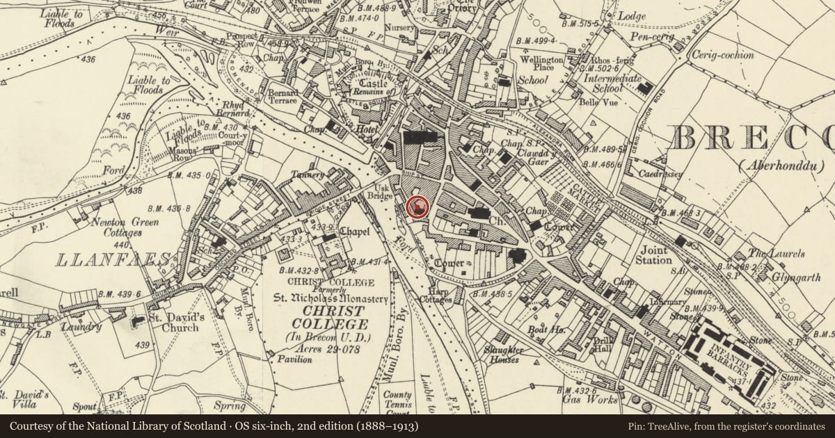Ordnance Survey six-inch map, 2nd edition (1888–1913) covering the location of Presbytery to the Catholic Church of St Michael, including boundary wall, Brecon, Powys, with a pin at the register's coordinates