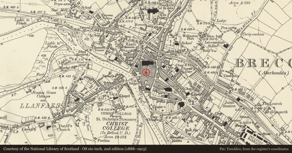 Ordnance Survey six-inch map, 2nd edition (1888–1913) covering the location of 8 Ship Street, Brecon, Powys, with a pin at the register's coordinates