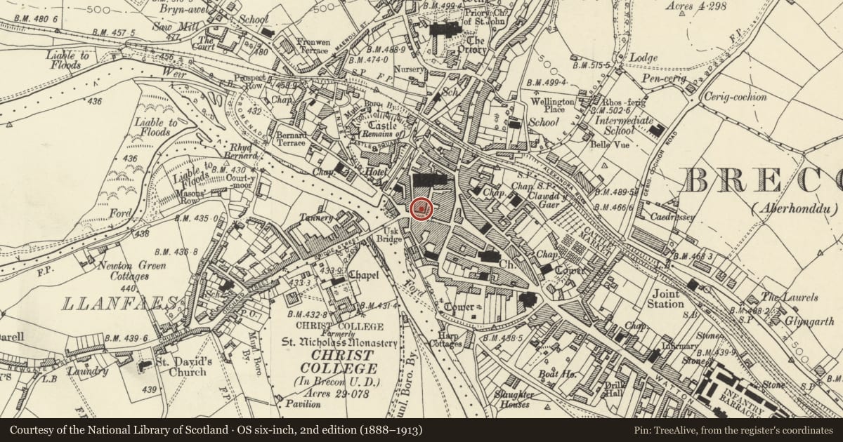 Ordnance Survey six-inch map, 2nd edition (1888–1913) covering the location of 9 Ship Street, Brecon, Powys, with a pin at the register's coordinates