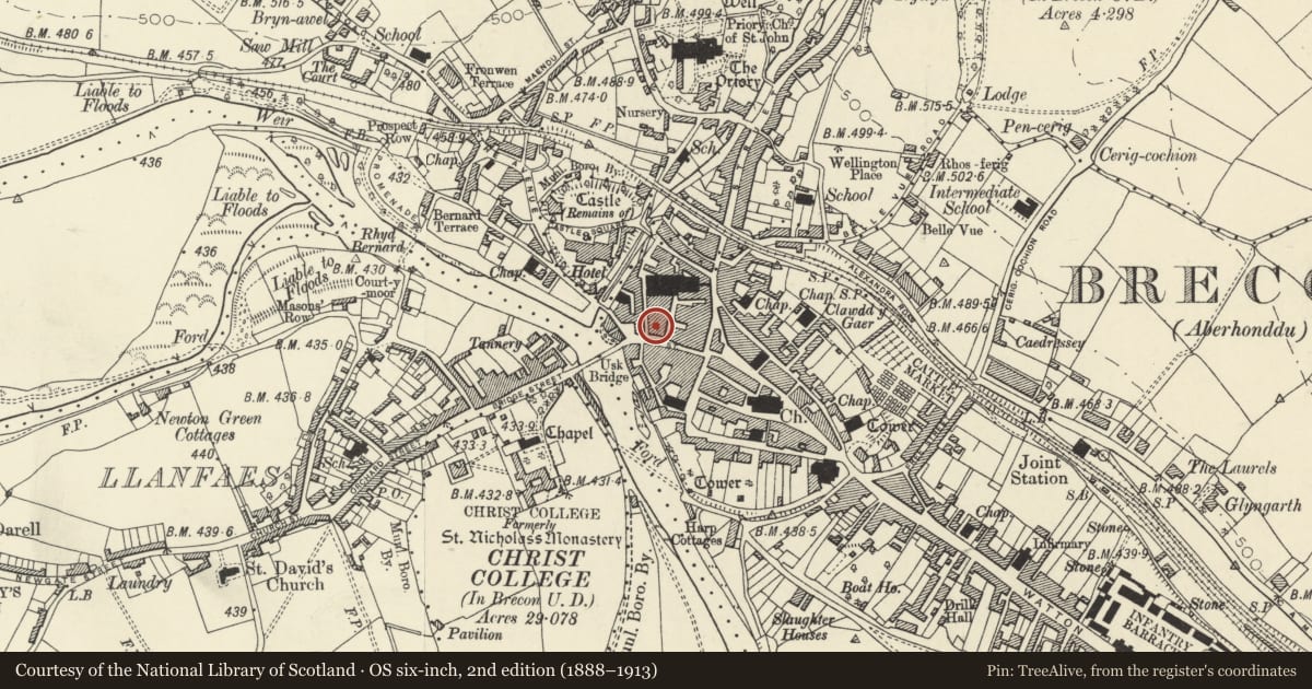 Ordnance Survey six-inch map, 2nd edition (1888–1913) covering the location of 10 Ship Street, Brecon, Powys, with a pin at the register's coordinates