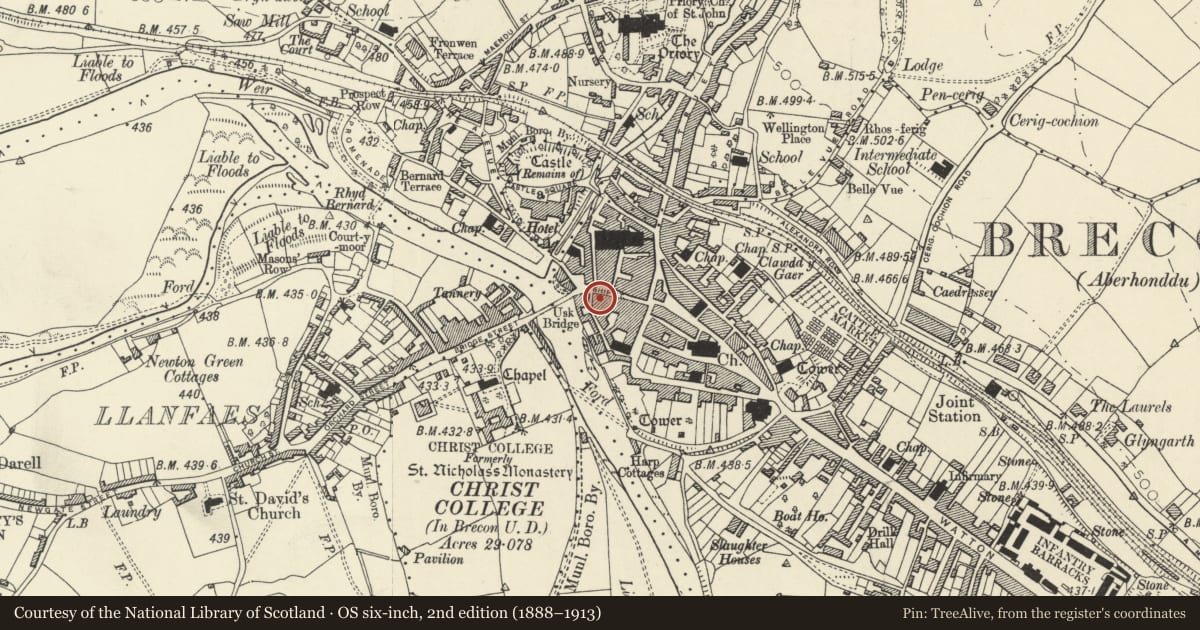 Ordnance Survey six-inch map, 2nd edition (1888–1913) covering the location of 11 Ship Street, Brecon, Powys, with a pin at the register's coordinates