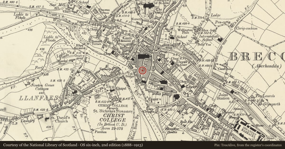 Ordnance Survey six-inch map, 2nd edition (1888–1913) covering the location of 14 Ship Street, Brecon, Powys, with a pin at the register's coordinates