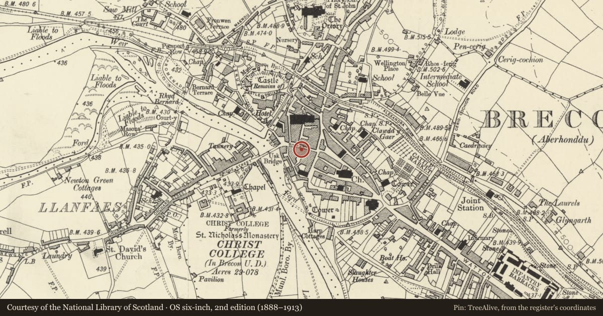 Ordnance Survey six-inch map, 2nd edition (1888–1913) covering the location of 15 Ship Street, Brecon, Powys, with a pin at the register's coordinates