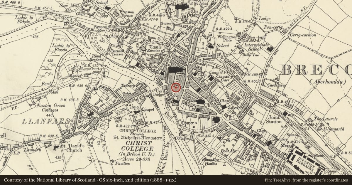 Ordnance Survey six-inch map, 2nd edition (1888–1913) covering the location of 16 Ship Street, Brecon, Powys, with a pin at the register's coordinates