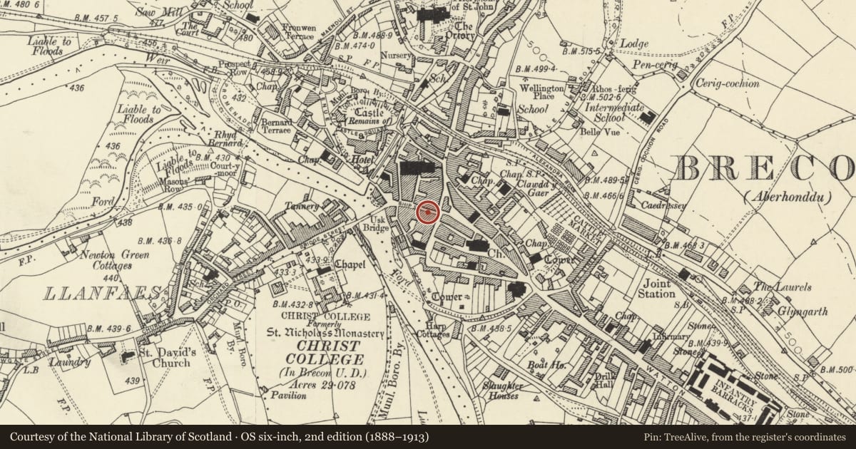 Ordnance Survey six-inch map, 2nd edition (1888–1913) covering the location of 18 Ship Street, Brecon, Powys, with a pin at the register's coordinates
