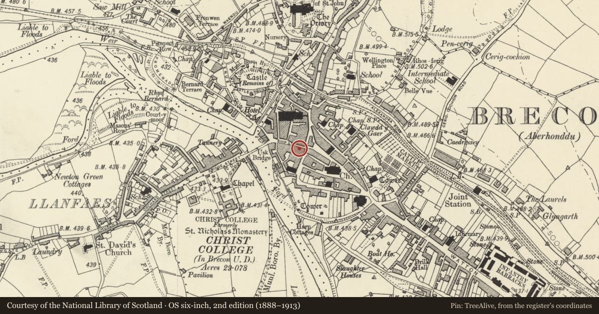 Ordnance Survey six-inch map, 2nd edition (1888–1913) covering the location of 19 Ship Street, Brecon, Powys, with a pin at the register's coordinates
