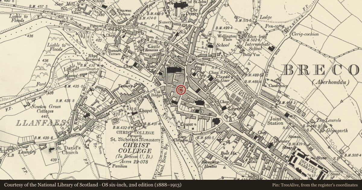 Ordnance Survey six-inch map, 2nd edition (1888–1913) covering the location of 20 Ship Street, Brecon, Powys, with a pin at the register's coordinates