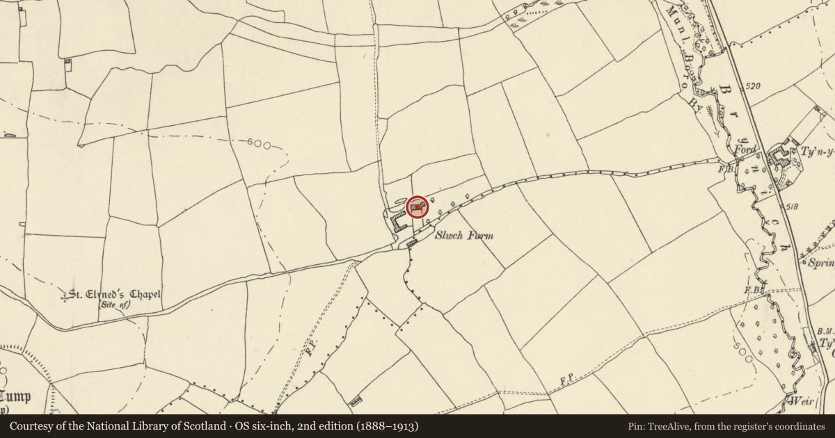 Ordnance Survey six-inch map, 2nd edition (1888–1913) covering the location of Slwch Farmhouse, Brecon, Powys, with a pin at the register's coordinates