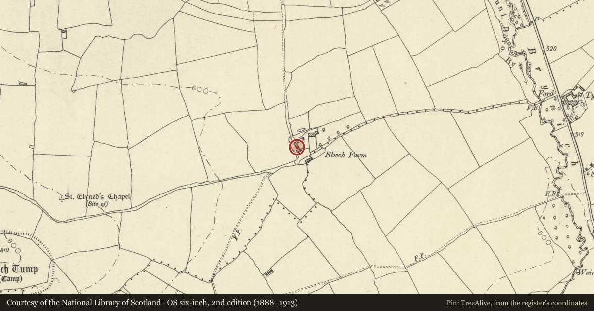 Ordnance Survey six-inch map, 2nd edition (1888–1913) covering the location of Barn and outbuildings range to SW of Slwch Farmhouse, Brecon, Powys, with a pin at the register's coordinates