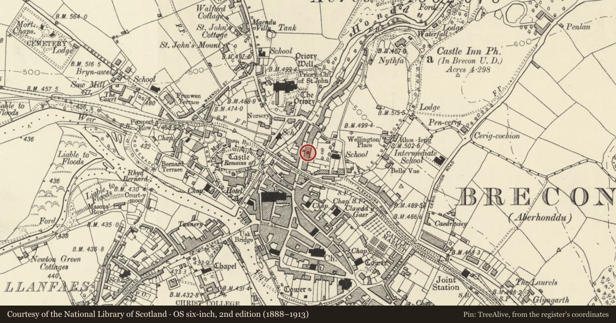 Ordnance Survey six-inch map, 2nd edition (1888–1913) covering the location of The Elms, Brecon, Powys, with a pin at the register's coordinates