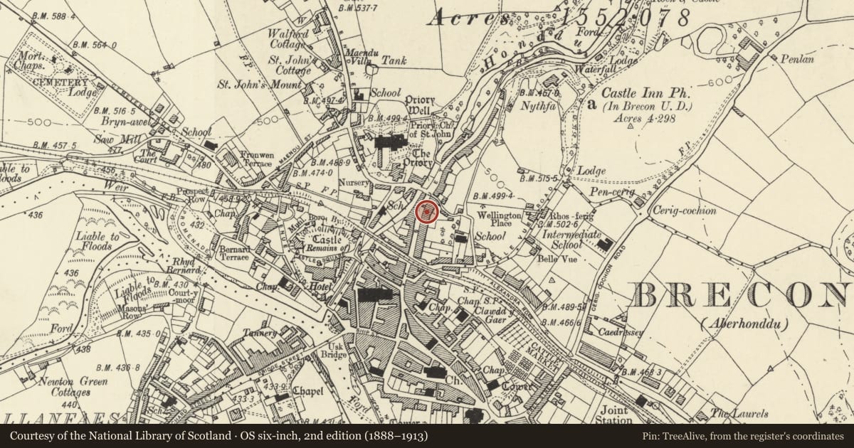 Ordnance Survey six-inch map, 2nd edition (1888–1913) covering the location of 16 The Struet, Brecon, Powys, with a pin at the register's coordinates