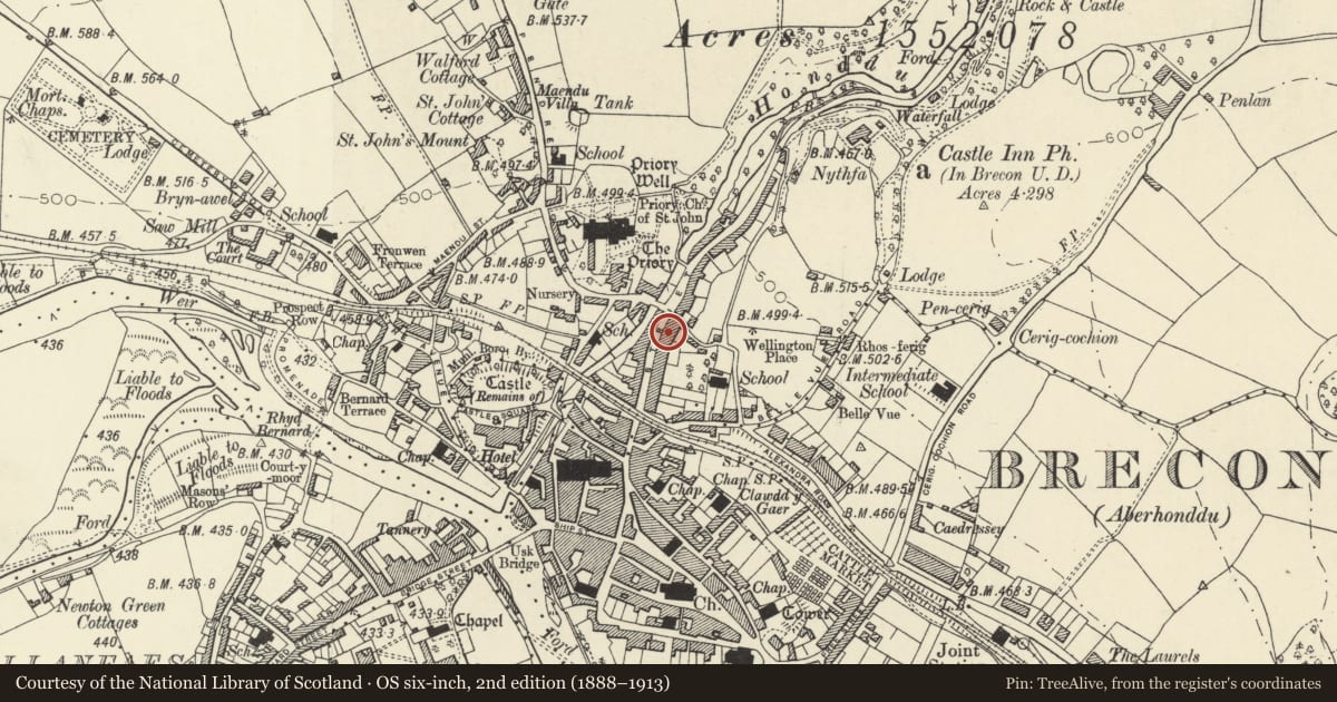 Ordnance Survey six-inch map, 2nd edition (1888–1913) covering the location of 17 The Struet, Brecon, Powys, with a pin at the register's coordinates