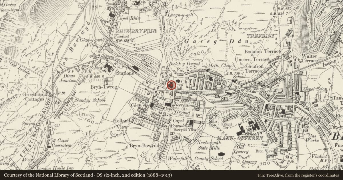 Ordnance Survey six-inch map, 2nd edition (1888–1913) covering the location of Old Market Hall, Ffestiniog, Gwynedd, with a pin at the register's coordinates