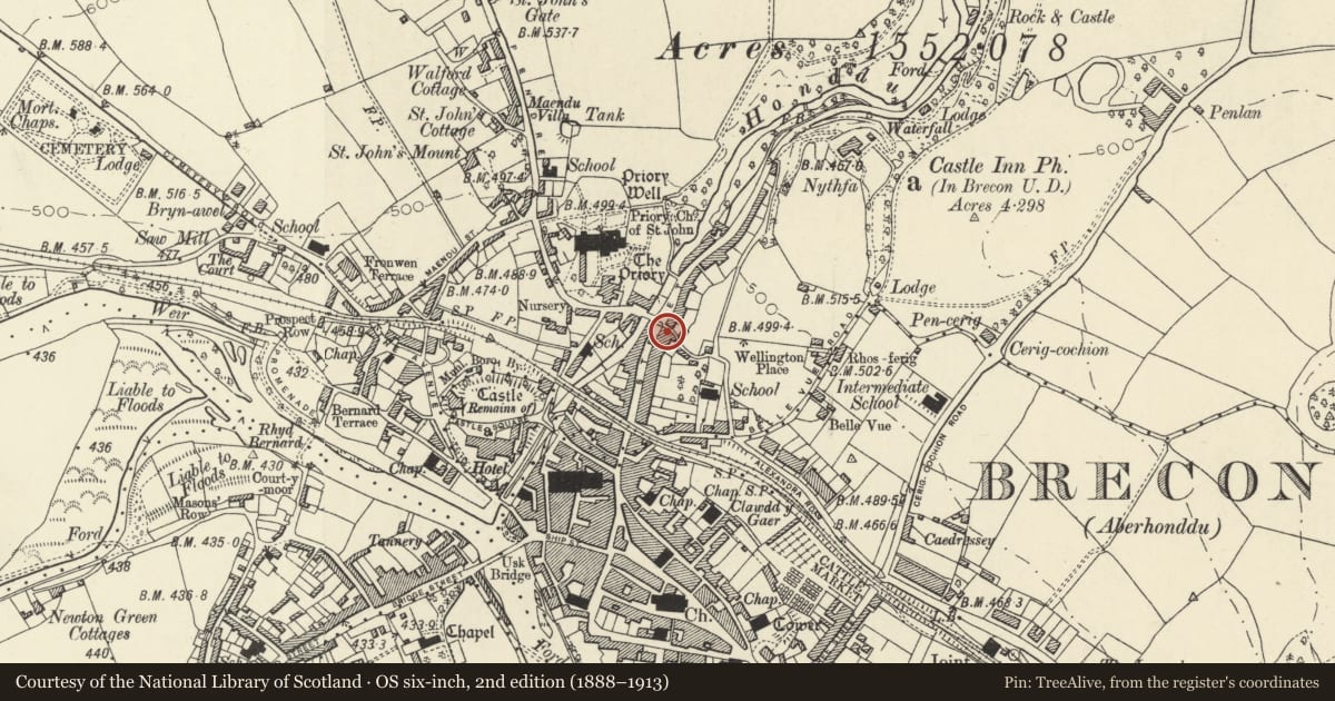 Ordnance Survey six-inch map, 2nd edition (1888–1913) covering the location of Huntingdon House, Brecon, Powys, with a pin at the register's coordinates