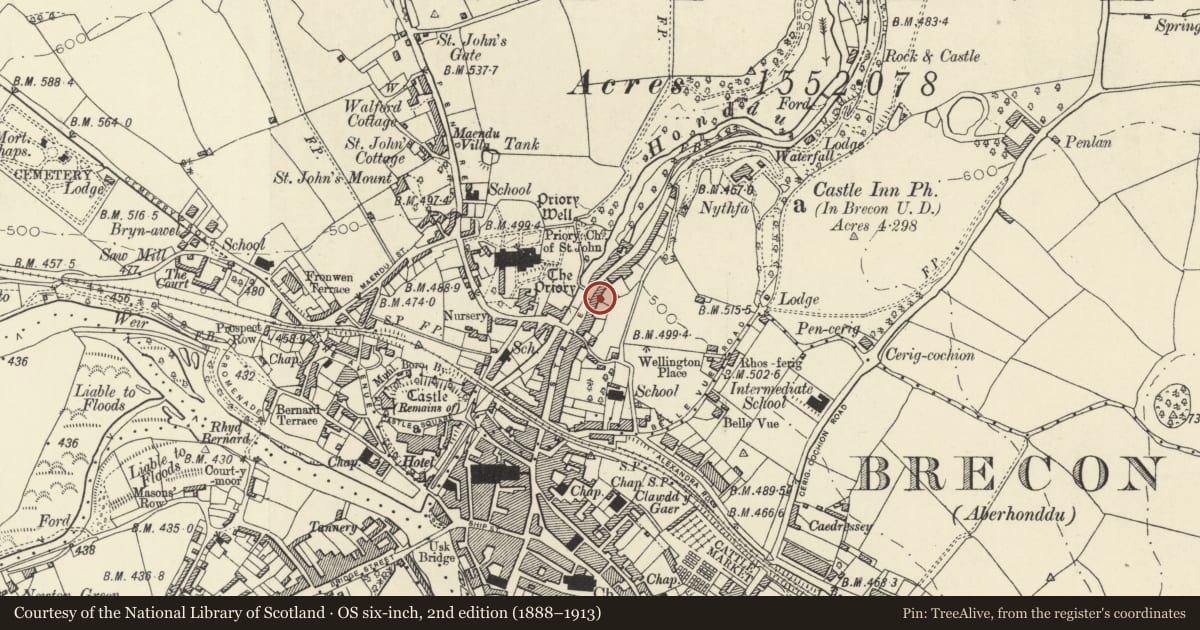 Ordnance Survey six-inch map, 2nd edition (1888–1913) covering the location of 36 The Struet, Brecon, Powys, with a pin at the register's coordinates