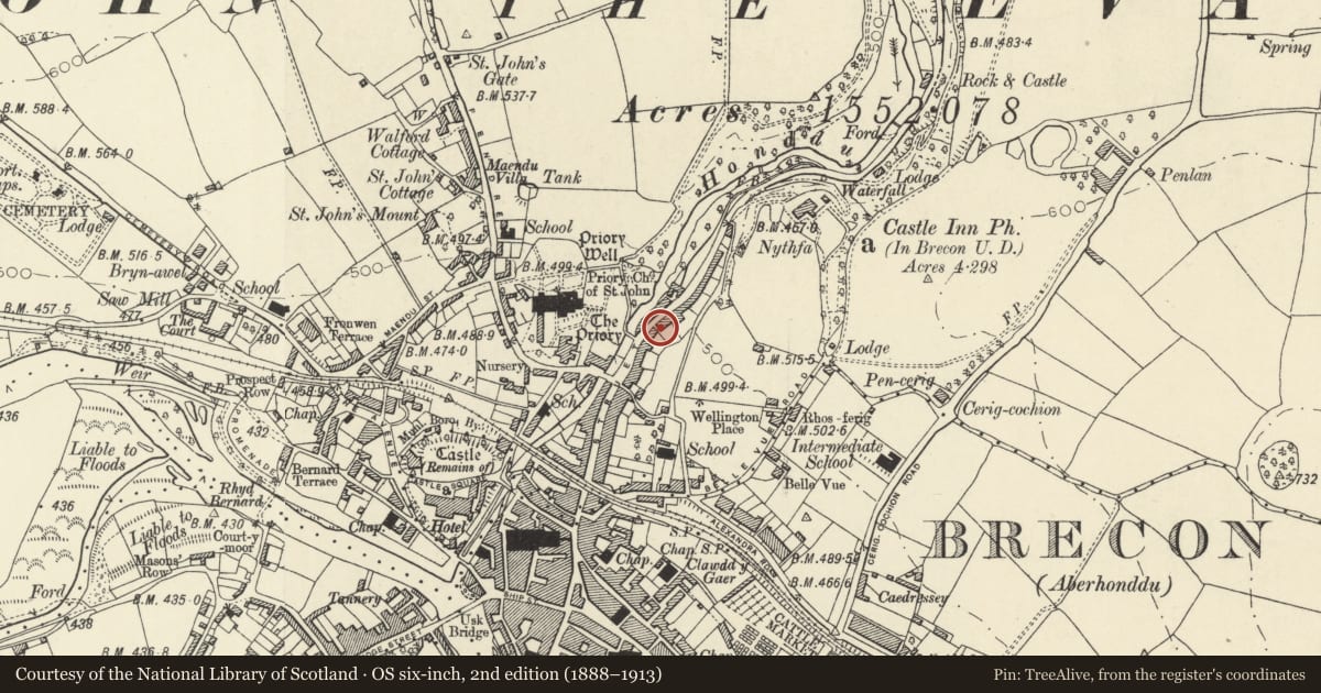 Ordnance Survey six-inch map, 2nd edition (1888–1913) covering the location of 43 The Struet, Brecon, Powys, with a pin at the register's coordinates