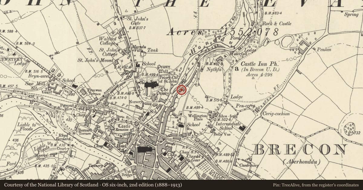 Ordnance Survey six-inch map, 2nd edition (1888–1913) covering the location of 45 The Struet, Brecon, Powys, with a pin at the register's coordinates