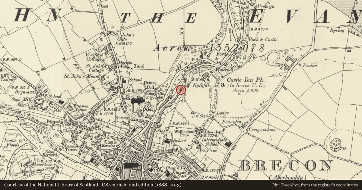 Ordnance Survey six-inch map, 2nd edition (1888–1913) covering the location of 66/67 The Struet, including Forecourt Wall & Railings, Brecon, Powys, with a pin at the register's coordinates