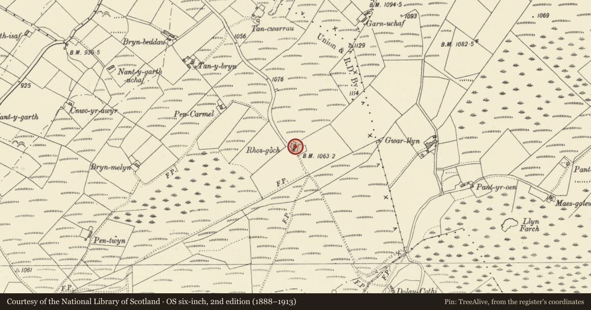Ordnance Survey six-inch map, 2nd edition (1888–1913) covering the location of Rhos-goch, Dyffryn Arth, Ceredigion, with a pin at the register's coordinates