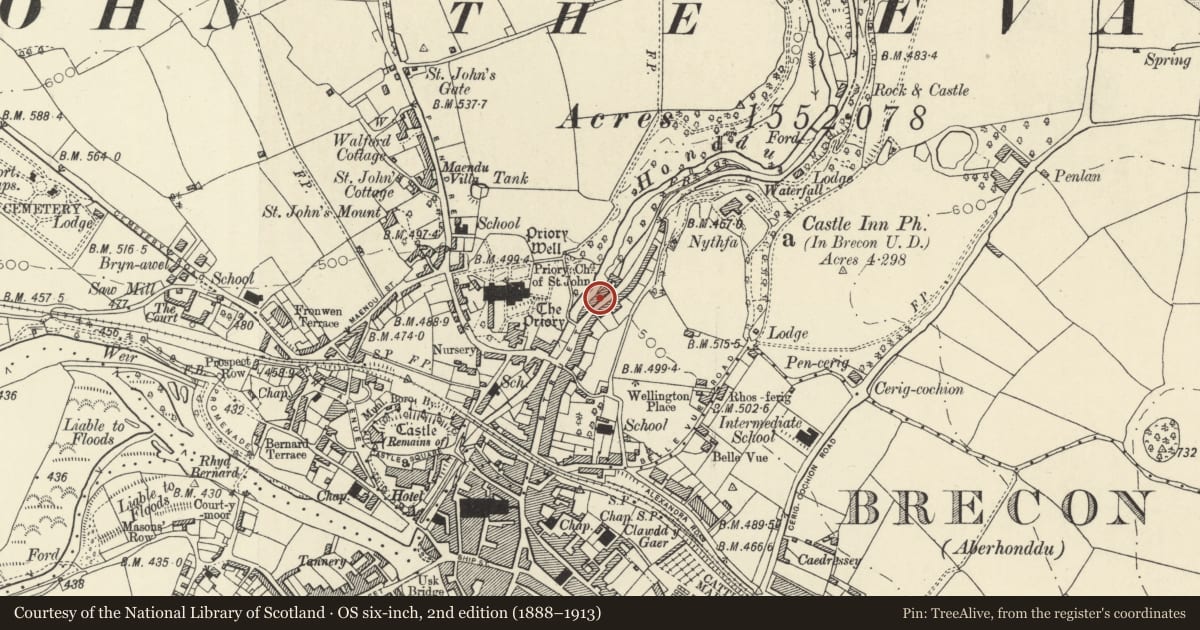 Ordnance Survey six-inch map, 2nd edition (1888–1913) covering the location of Former Brecon Brewery, Powys, with a pin at the register's coordinates