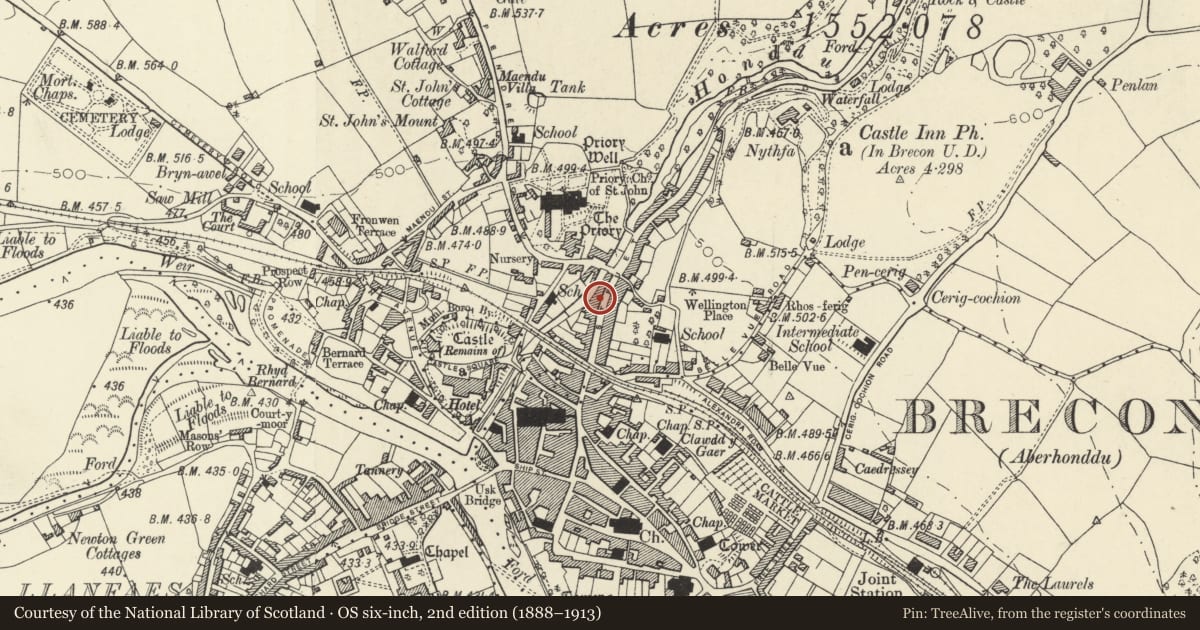 Ordnance Survey six-inch map, 2nd edition (1888–1913) covering the location of 91 The Struet, Brecon, Powys, with a pin at the register's coordinates