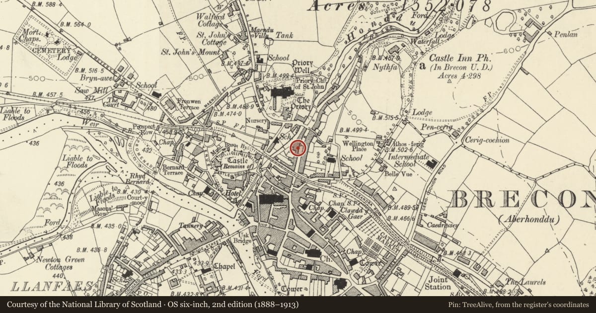 Ordnance Survey six-inch map, 2nd edition (1888–1913) covering the location of 95 The Struet, Brecon, Powys, with a pin at the register's coordinates