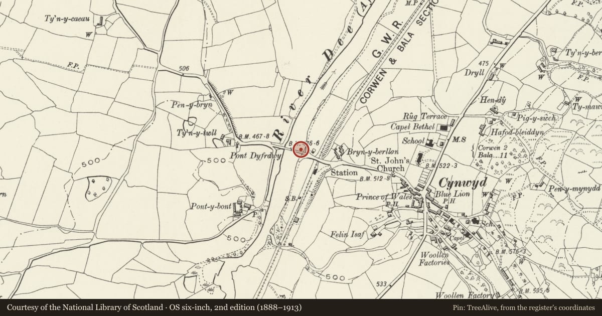 Ordnance Survey six-inch map, 2nd edition (1888–1913) covering the location of Pont Dyffrdwy, Cynwyd, Denbighshire, with a pin at the register's coordinates