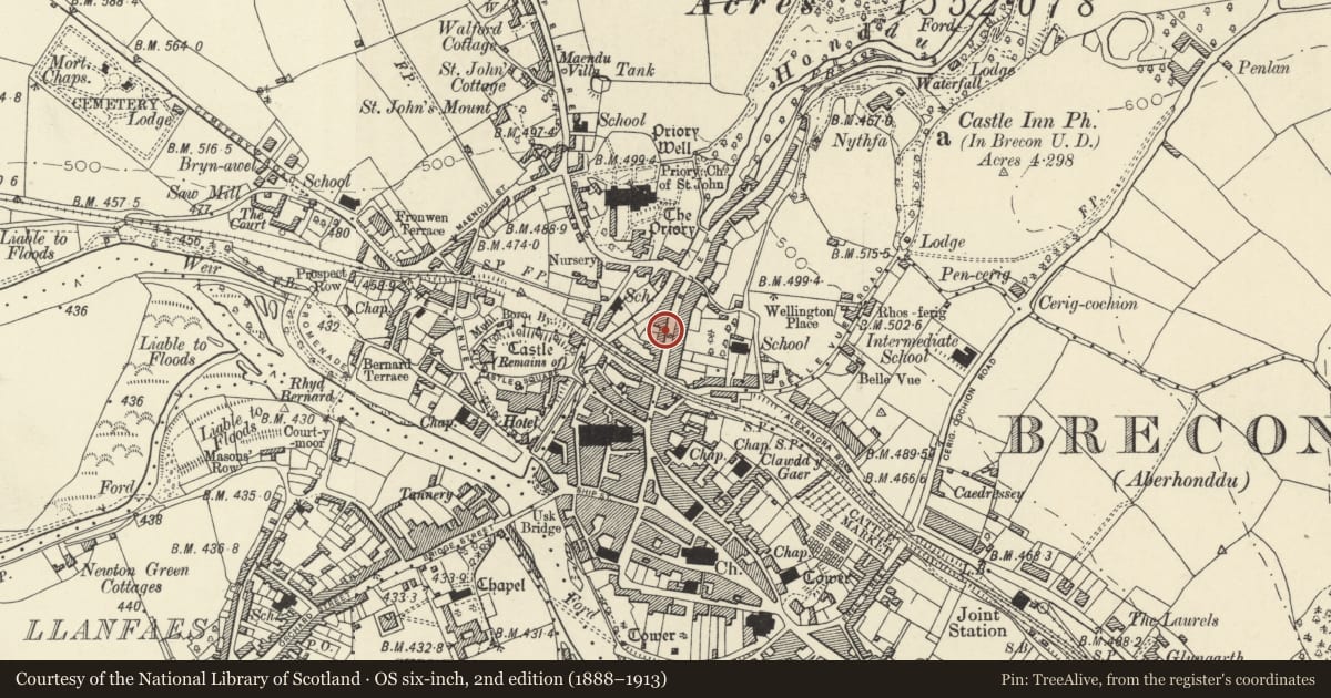 Ordnance Survey six-inch map, 2nd edition (1888–1913) covering the location of 96 The Struet, Brecon, Powys, with a pin at the register's coordinates