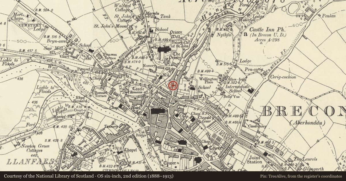 Ordnance Survey six-inch map, 2nd edition (1888–1913) covering the location of 97 The Struet, Brecon, Powys, with a pin at the register's coordinates