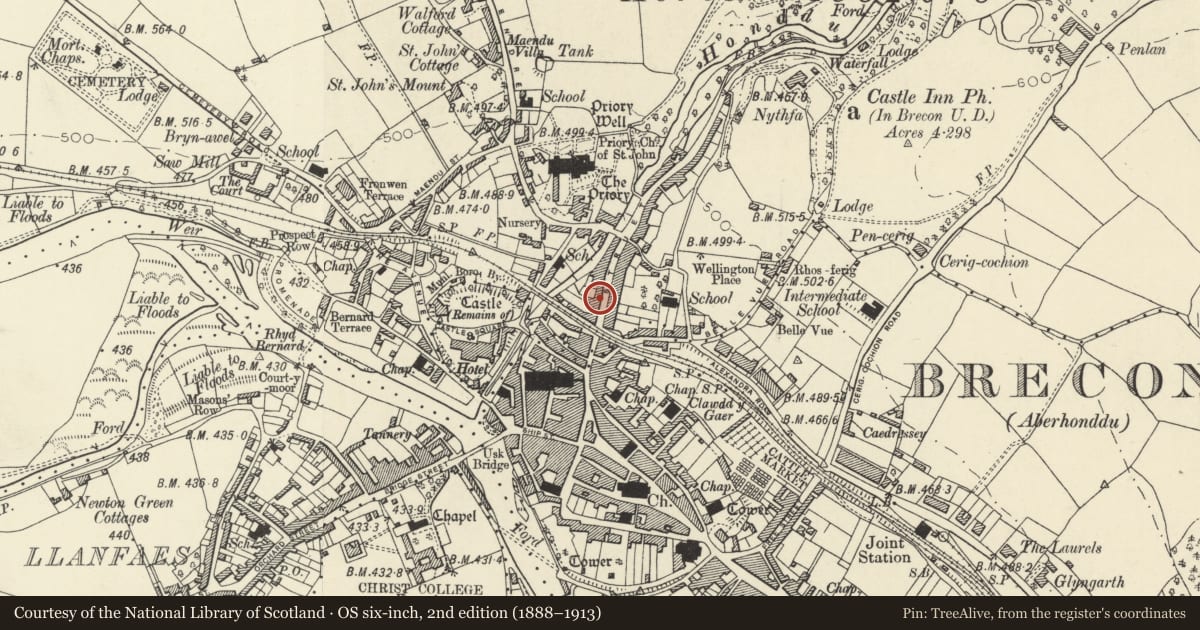 Ordnance Survey six-inch map, 2nd edition (1888–1913) covering the location of 98 The Struet, Brecon, Powys, with a pin at the register's coordinates