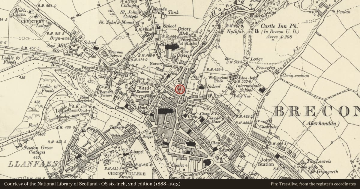Ordnance Survey six-inch map, 2nd edition (1888–1913) covering the location of The County House, Brecon, Powys, with a pin at the register's coordinates