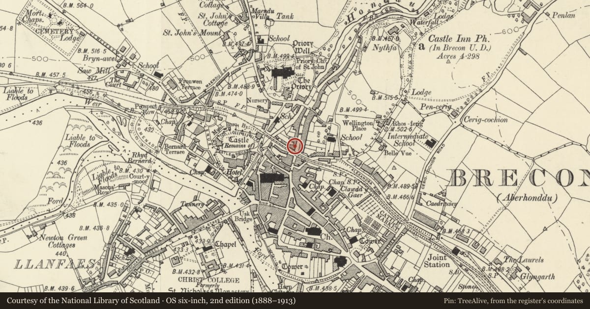 Ordnance Survey six-inch map, 2nd edition (1888–1913) covering the location of 101 The Struet, including rear wings, Brecon, Powys, with a pin at the register's coordinates