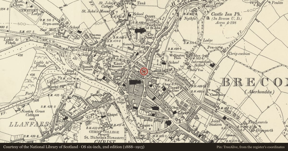 Ordnance Survey six-inch map, 2nd edition (1888–1913) covering the location of Somerfield, Brecon, Powys, with a pin at the register's coordinates