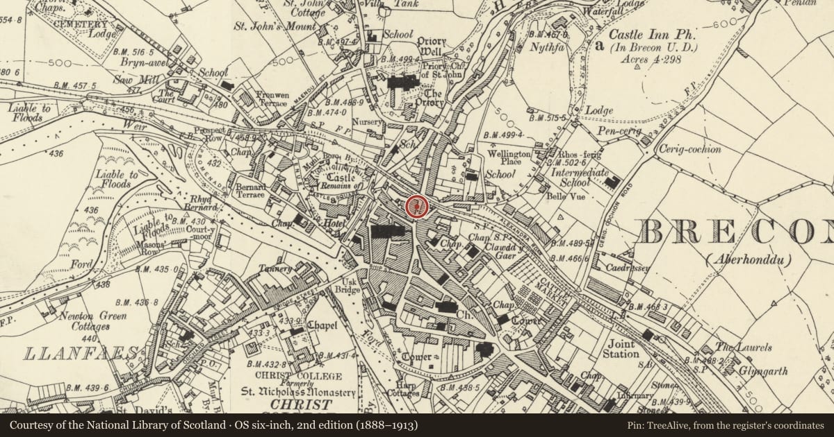 Ordnance Survey six-inch map, 2nd edition (1888–1913) covering the location of 103 The Struet, Brecon, Powys, with a pin at the register's coordinates