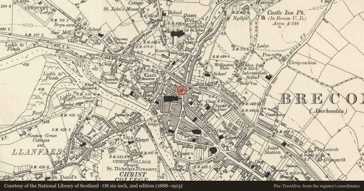 Ordnance Survey six-inch map, 2nd edition (1888–1913) covering the location of 104 The Struet, Brecon, Powys, with a pin at the register's coordinates