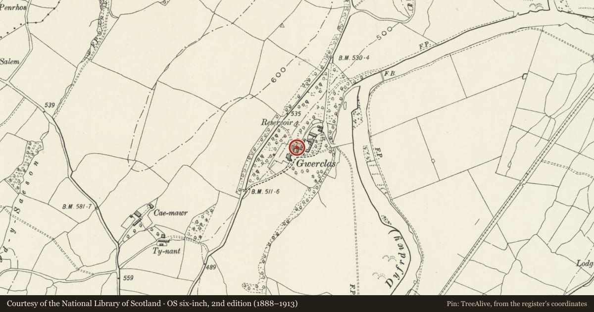 Ordnance Survey six-inch map, 2nd edition (1888–1913) covering the location of Oubuildings adjoining N side of Gwerclas Hall, Cynwyd, Denbighshire, with a pin at the register's coordinates