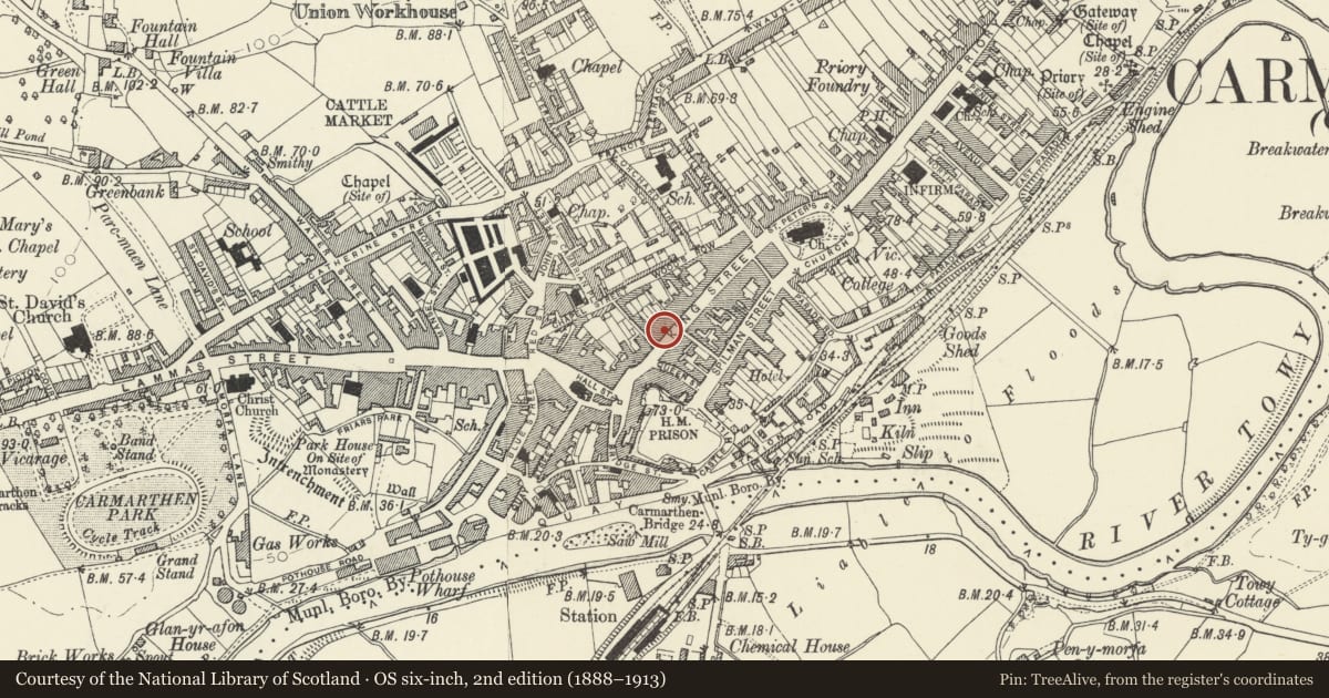 Ordnance Survey six-inch map, 2nd edition (1888–1913) covering the location of 54 King Street, Carmarthen, Carmarthenshire, with a pin at the register's coordinates