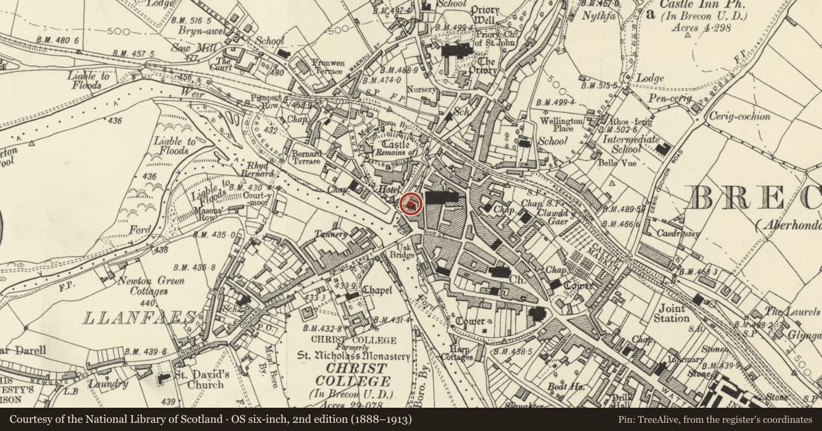 Ordnance Survey six-inch map, 2nd edition (1888–1913) covering the location of Watergate Baptist Church, Brecon, Powys, with a pin at the register's coordinates