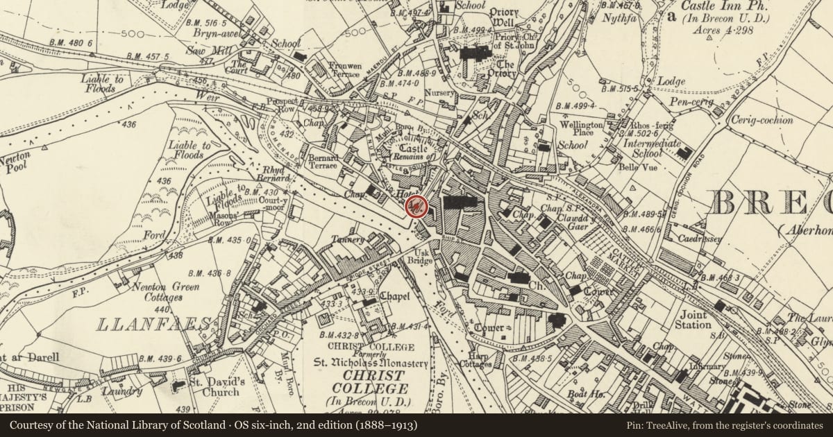 Ordnance Survey six-inch map, 2nd edition (1888–1913) covering the location of Former Watergate Mill, Brecon, Powys, with a pin at the register's coordinates