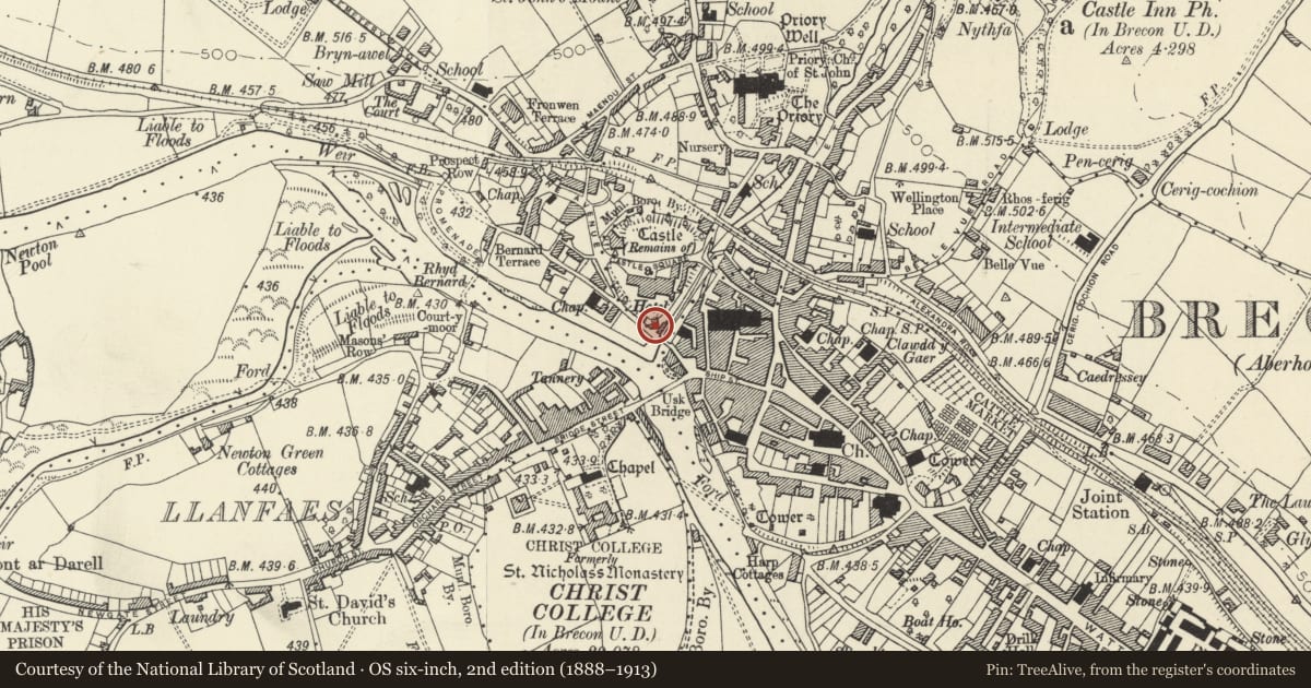 Ordnance Survey six-inch map, 2nd edition (1888–1913) covering the location of Building immediately to W of former Watergate Mill, Brecon, Powys, with a pin at the register's coordinates