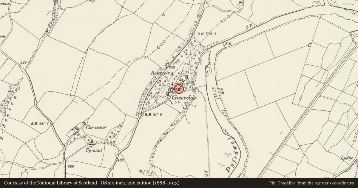 Ordnance Survey six-inch map, 2nd edition (1888–1913) covering the location of Outbuildings to NE of Gwerclas Hall, Cynwyd, Denbighshire, with a pin at the register's coordinates